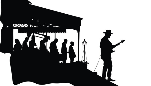 Band silhouette performing on stage showcases a group of musicians playing instruments under a canopy structure with a guitarist standing prominently in the foreground playing rock music.