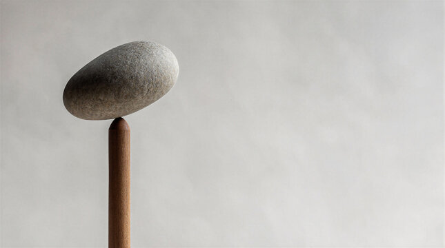 Precarious balance, single smooth pebble resting on a narrow wooden dowel at the exact point of equilibrium