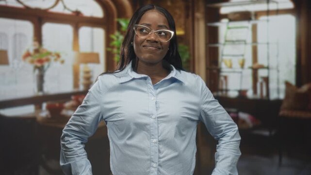 Woman wearing glasses stands with hands on hips and a slight smile in a restaurant dining room inside a building; confidence empowerment.