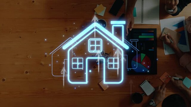 Abstract representation of real estate market analysis with charts and home icons on a wooden table showing growth trends and data visualizations Sigmoid