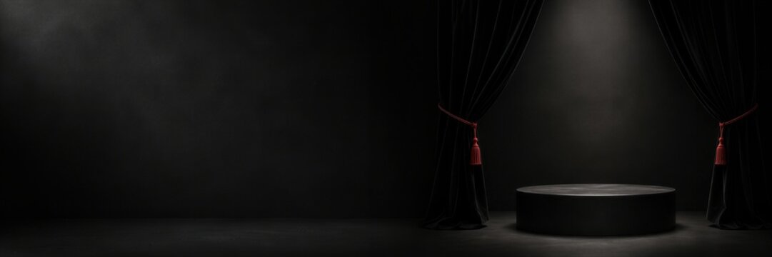 Empty black round podium stage with velvet curtains and red tassels. Spotlight shines on display stand in dark studio. Black Friday big sale concept. Online shopping. Banner with copy space