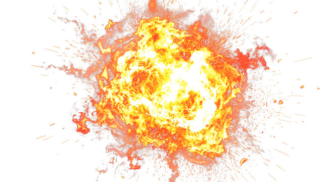 Vibrant fire explosion burst with intense flames and sparks, isolated on transparent background, perfect for dynamic action graphics, video effects, and high-impact digital media design