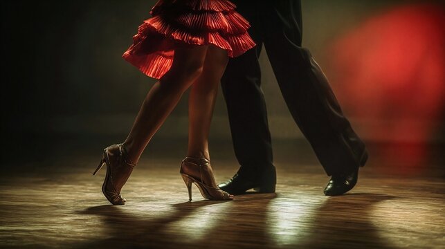 Close up legs elegant couple, dancers performing a passionate tango dance featuring intricate footwork on a dark wooden floor illuminated by dramatic red stage lighting and cinematic moody atmosphere.