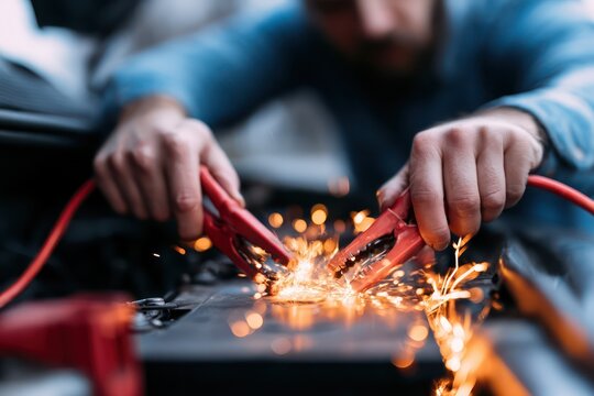 Driver jumpstarting vehicle battery with cable sparks
