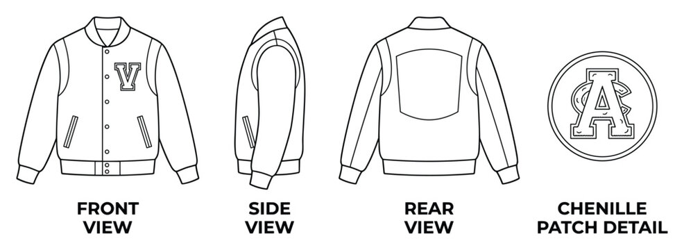 Varsity jacket front side rear and chenille patch detail vector flat illustration.