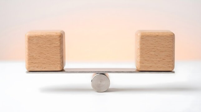 Two wooden blocks balancing evenly on a small metal scale on a clean white surface.