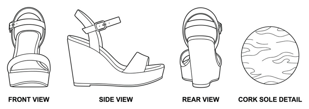 Woman's wedge sandals front side rear and sole detail vector flat illustration.