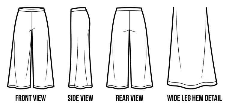 Wide leg pants fashion flat sketch with wide leg hem detail for apparel design.
