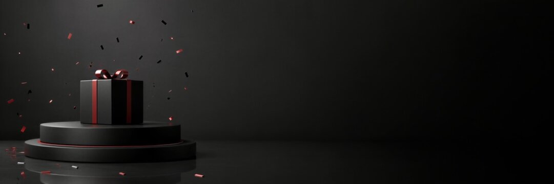 Black gift box with red ribbon on round black podium with falling confetti. Dark festive scene for product presentation. Black Friday big sale concept. Online shopping. Banner with copy space