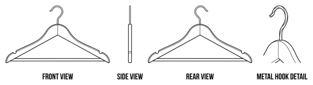 Wooden clothes hanger front side rear and metal hook detail vector flat.