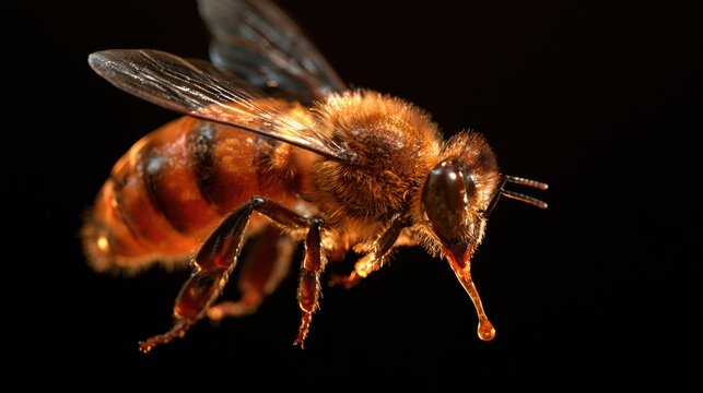 A bee uses its proboscis to reach flower nectar, capturing the moment of contact with a droplet in bright amber color against a dark background.