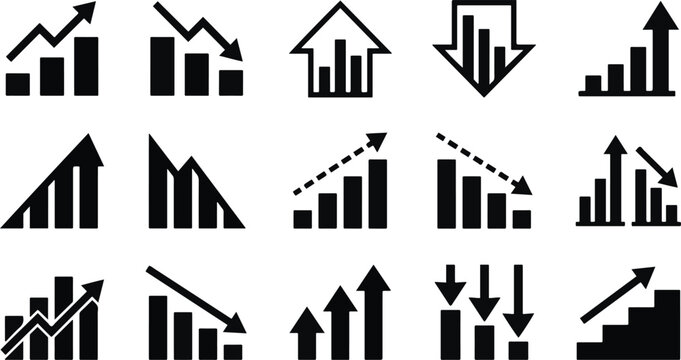 Set of black and white business bar chart icons representing growth decline and financial performance data analysis