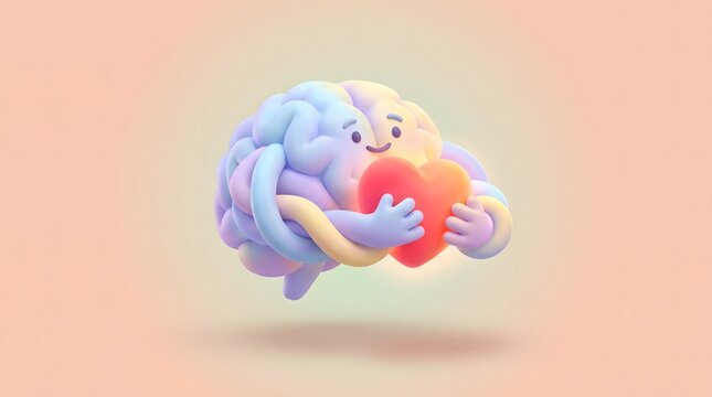 A cute 3d illustration of a brain holding a glowing red heart symbolizing mental health and emotional well-being.