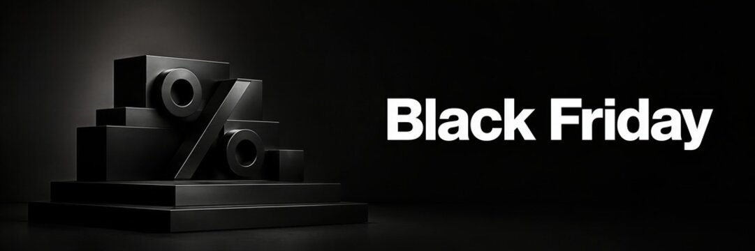 Black Friday sale concept with 3D percent symbol on black podium. Black Friday big sale, online shopping, discount. Biggest sale of the year. Banner with lettering for advertising
