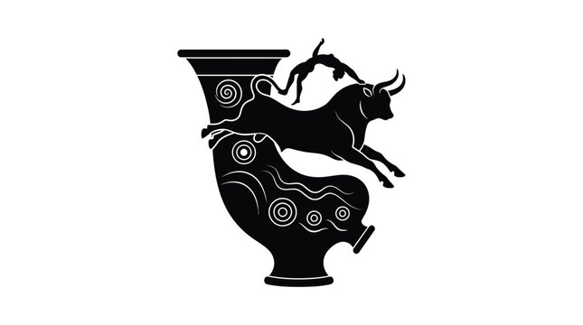 Black silhouette of a Minoan bull leaping ritual depicted on an ancient ceramic rhyton vessel