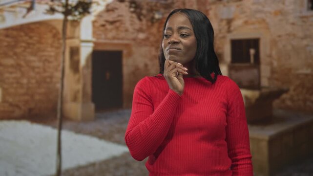 Woman touching chin in studio wearing red sweater against a stone courtyard backdrop; thoughtful doubt.