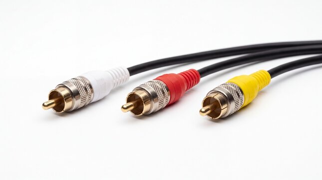 Colorful rca audio video cables featuring metallic connectors arranged in a row on white background