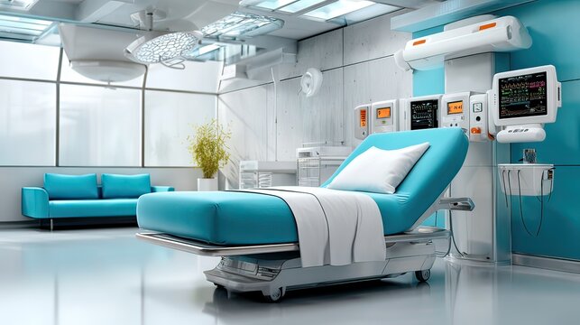 Modern hospital room featuring a turquoise bed and sleek medical equipment in a bright and clean environment