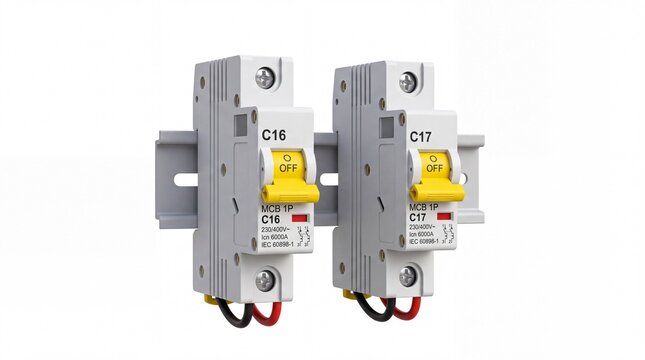 Dual electrical miniature circuit breakers mounted on metal din rail hardware isolated on white background