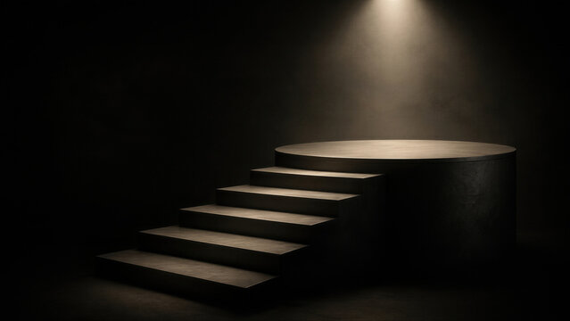 Spotlight illuminates a circular stage with an ascending staircase. Podium for product display. Mockup for fashion product design. Black Friday big sale concept. Online shopping and discount
