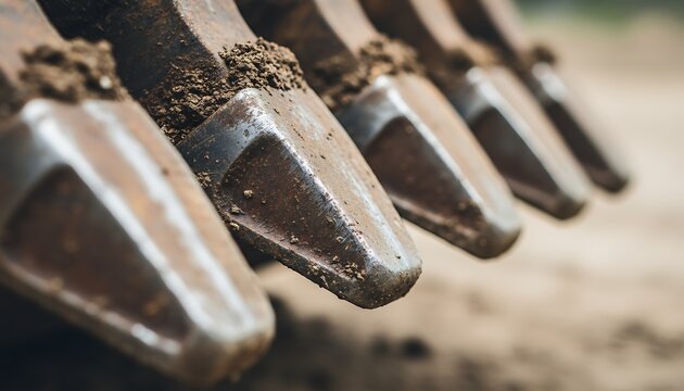 Close up view of rusty excavator bucket teeth covered with soil and dirt