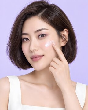 Young Asian Woman Applying Skincare Cream on Cheek for Moisturizing Beauty and Healthy Skin Routine