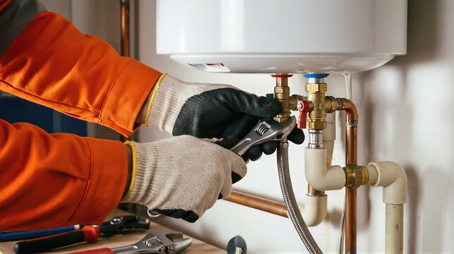 Plumber in orange uniform and gloves tightening valve with wrench under white water heater boiler. Copper pipes and fittings connect to tank in home bathroom.