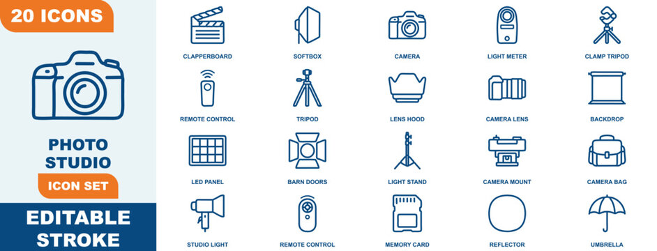 Studio icon set featuring 20 outline of equipment including cameras, lighting, tripods, and accessories