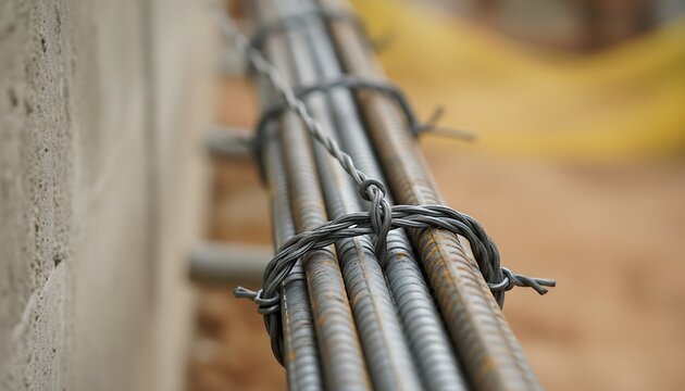 Close view of multiple steel reinforcing bars securely bundled together with metal wire