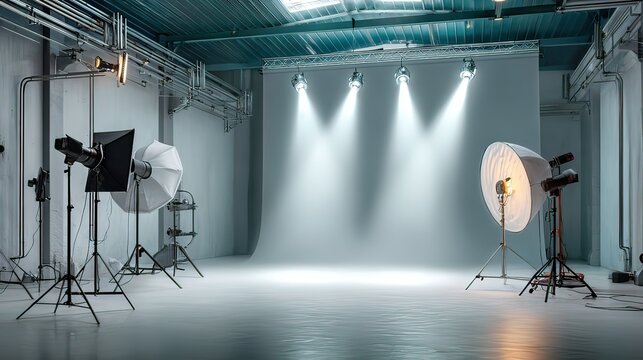 Professional Photography Studio Setup with Softboxes, Backdrops, and Lighting Equipment for Creative Projects