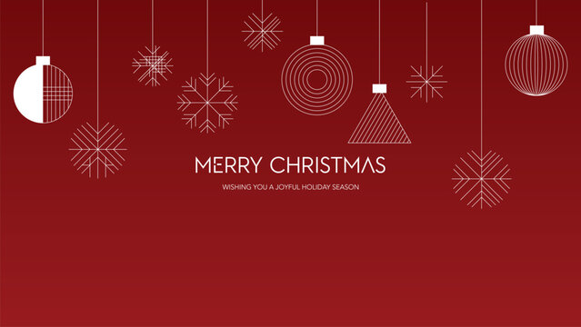 Abstract white geometric Christmas balls and snowflakes hanging on red background horizontal template have blank space.