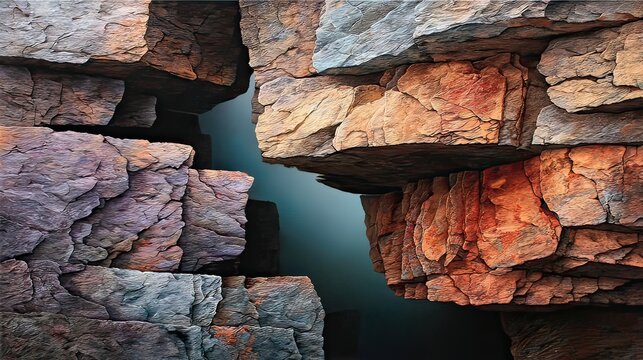 Abstract Geometric Composition of Cracked Stone Surface with Textured Layers and Earthy Tones in a Dramatic Light Setting