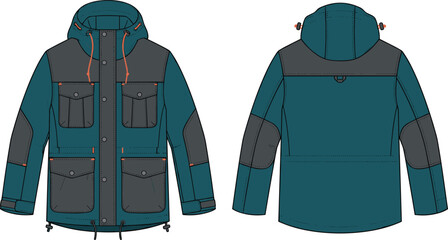 Men's hooded utility parka jacket technical fashion flat sketch template front and back view © Shefaly