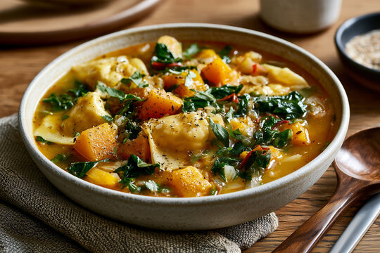 Yellow minestrone with pumpkin and chard-wan-tan