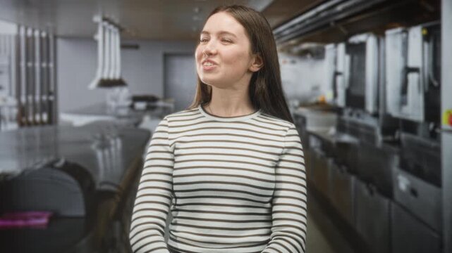 Woman smiling with visible face in a commercial kitchen building, wearing a striped shirt and seated on a stool; warm contentment.