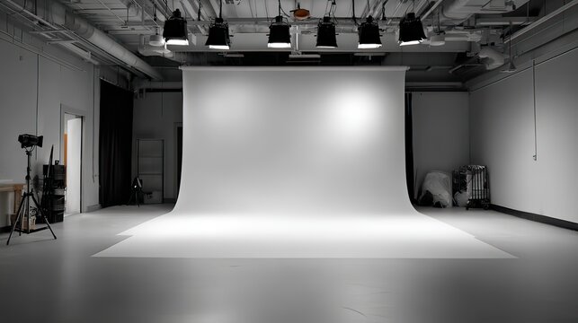 Spacious photography studio with seamless backdrop and professional lighting setup for creative projects and photo shoots