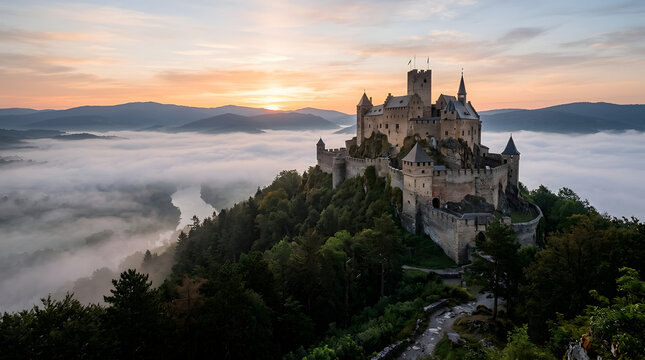  Ancient medieval castle on a hill in morning mist, majestic architecture, clean landscape, no text.
