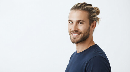Fototapeta premium Handsome Caucasian Man with Man Bun Hairstyle and Friendly Smile Isolated on White