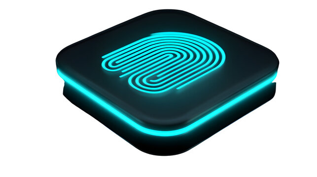 Glowing blue 3d biometric fingerprint scanner icon