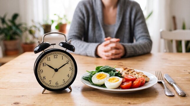 Woman practicing scheduled eating with a healthy, balanced meal and an alarm clock, emphasizing mindful nutrition and disciplined routine for wellness and weight management