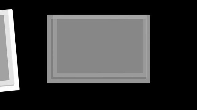 Abstract minimalist motion graphics animation of layered greyscale rectangular frames sliding across a black background, perfect for digital photo gallery overlays and modern video transitions.