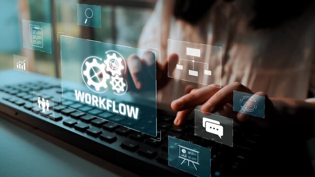 Workflow optimization concept featuring interconnected gears, task management, collaboration, process mapping, review, and automation for business productivity and efficiency Marrow