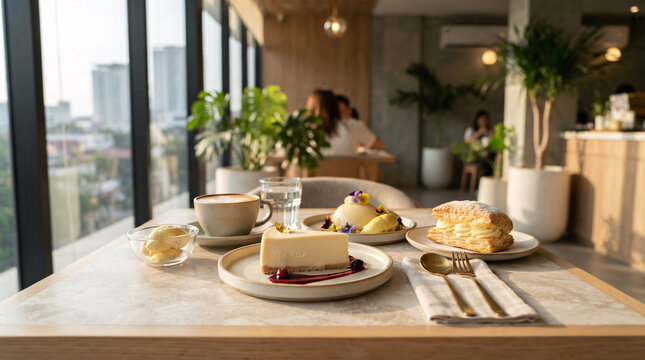 Elegant cafe table featuring cheesecake, pastries, cream and coffee beside large windows overlooking a modern city.