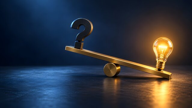 Glowing lightbulb outweighing a dark question mark on a seesaw representing problem solving and business innovation