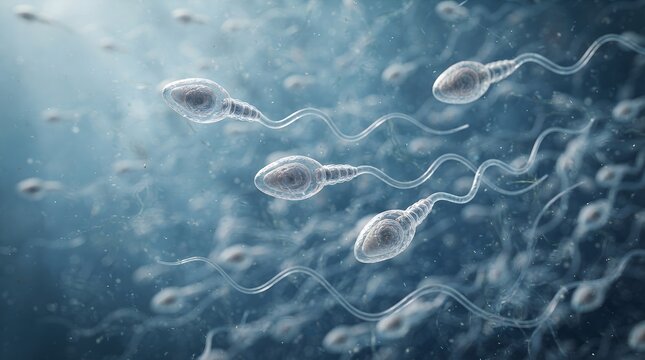 Microscopic sperm cells swimming in blue fluid, human reproductive biology concept, medical illustration of fertilization process and male fertility