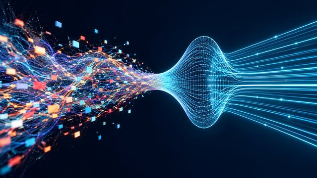 Chaotic digital data pixels transforming into a structured wireframe funnel representing information organization and filtering algorithms