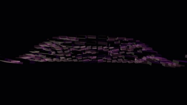Abstract digital motion background featuring a flowing wave of purple and translucent geometric cubes against a dark black backdrop, perfect for technology, big data, and futuristic concepts.
