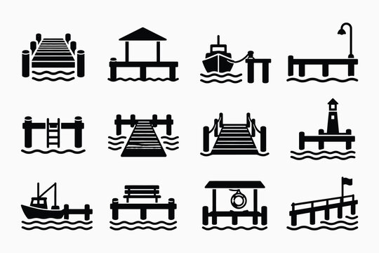 Collection of various dock and pier icons in black and white silhouette style.
