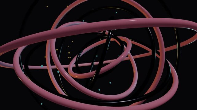 Abstract 3D rendering of rotating interlocking pink and black geometric rings moving through a dark void filled with glowing particles, futuristic motion graphics background for tech projects