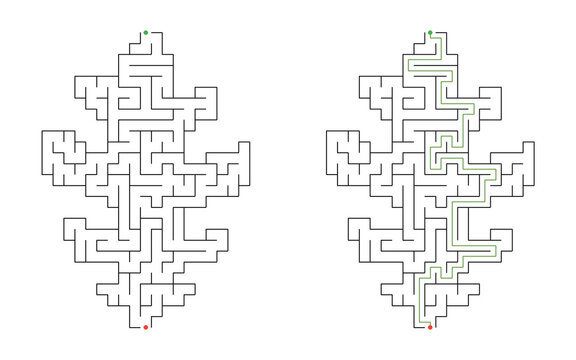 Oak leaf shaped maze puzzle with start and finish points